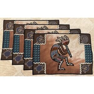 Set of 4 Southwestern Placemats Kokopelli Design Brown Blue